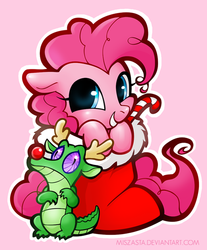 Size: 500x603 | Tagged: safe, artist:miszasta, gummy, pinkie pie, alligator, earth pony, pony, g4, candy, candy cane, christmas, christmas stocking, clothes, costume, cute, diapinkes, female, food, looking at you, male, mare, pink background, simple background, smiling