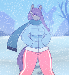 Size: 1280x1402 | Tagged: safe, artist:somescrub, maud pie, earth pony, anthro, g4, alternate hairstyle, clothes, coat, female, snow, solo, winter