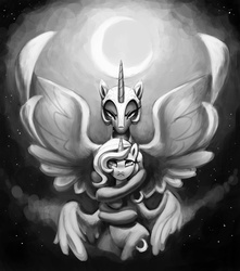 Size: 1323x1500 | Tagged: dead source, safe, artist:sunbusting, nightmare moon, princess luna, g4, crying, duality, duo, filly, grayscale, monochrome, moon, s1 luna, wip, woona