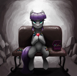 Size: 1024x1017 | Tagged: safe, artist:sunbusting, maud pie, earth pony, pony, g4, bench, box, cave, female, hoof hold, looking at you, mare, rock candy necklace, sitting, solo