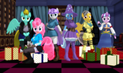 Size: 1280x768 | Tagged: safe, artist:ray670, daring do, lightning dust, maud pie, pinkie pie, starlight glimmer, trixie, anthro, plantigrade anthro, g4, 3d, christmas, clothes, dress, female, lesbian, mmd, present, ship:mauxie, shipping