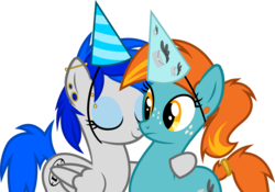 Size: 1956x1370 | Tagged: safe, artist:outlawedtofu, oc, oc only, oc:sapphire sights, oc:swift note, pegasus, pony, unicorn, bridge piercing, ear piercing, eyebrow piercing, freckles, gauges, hairband, hat, hug, party hat, piercing, simple background, tail wrap, transparent background, vector