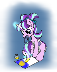 Size: 800x1000 | Tagged: safe, artist:datspaniard, artist:zalakir, starlight glimmer, g4, adult foal, colored, diaper, female, non-baby in diaper, pacifier, painting, solo