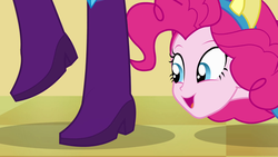 Size: 1920x1080 | Tagged: safe, screencap, pinkie pie, rarity, equestria girls, g4, boots, cute, helping twilight win the crown, high heel boots, jewelry, legs, looking at something, pictures of legs, pony ears, raised leg, stomping