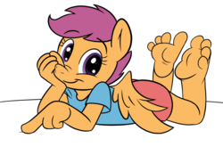 Size: 1100x725 | Tagged: safe, artist:kuroi-wolf, scootaloo, anthro, plantigrade anthro, g4, barefoot, clothes, cute, cutealoo, feet, female, fetish, foot fetish, foot focus, shorts, soles, solo, toes
