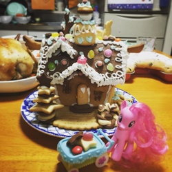 Size: 1080x1080 | Tagged: safe, pinkie pie, earth pony, pony, g4, brushable, food, food art, gingerbread house, irl, photo, sugarcube corner, toy