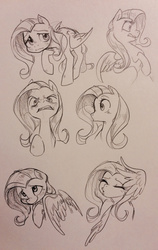 Size: 1212x1920 | Tagged: safe, artist:glacierclear, fluttershy, pegasus, pony, g4, angry, bashful, blushing, eyes closed, female, flutterrage, grayscale, mare, monochrome, phew, simple background, sketch dump, solo, surprised, traditional art, white background, wing hands