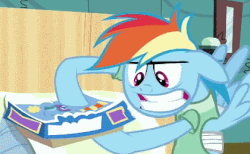 Size: 420x259 | Tagged: safe, screencap, rainbow dash, twilight sparkle, pegasus, pony, unicorn, g4, read it and weep, animated, battlecloud, board game, female, hospital gown, rainbow dash is best facemaker
