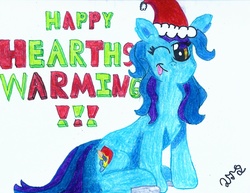 Size: 2200x1700 | Tagged: safe, artist:2tailedderpy, oc, oc only, oc:sapphire canvas, colored pencil drawing, crayon, hat, hearth's warming eve, looking at you, marker drawing, santa hat, simple background, text, traditional art, white background