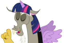 Size: 5128x3425 | Tagged: safe, artist:sketchmcreations, discord, twilight sparkle, draconequus, g4, what about discord?, absurd resolution, eyes closed, imitation, male, open mouth, raised finger, simple background, solo, transparent background, twilight wig, vector, wig