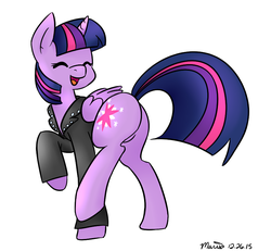 Size: 861x797 | Tagged: safe, artist:melodicmarzipan, twilight sparkle, alicorn, pony, g4, butt, clothes, female, happy, jacket, leather jacket, mare, plot, solo, twibutt, twilight sparkle (alicorn)