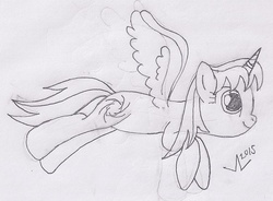 Size: 1086x801 | Tagged: safe, artist:parclytaxel, oc, oc only, oc:parcly taxel, alicorn, pony, alicorn oc, flying, lineart, monochrome, pencil drawing, solo, traditional art