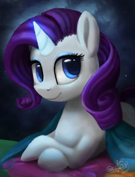 Size: 1500x1962 | Tagged: safe, artist:nebula210, rarity, pony, unicorn, g4, blanket, female, glowing horn, horn, mare, pillow, prone, solo