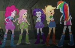 Size: 546x352 | Tagged: safe, screencap, applejack, fluttershy, pinkie pie, rainbow dash, rarity, equestria girls, g4, my little pony equestria girls: rainbow rocks, angry, animated, argument, balloon, boots, bracelet, clothes, cowboy boots, female, high heel boots, humane five, jewelry, skirt, socks, turning against each other, wristband