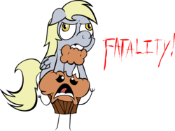 Size: 1327x1000 | Tagged: safe, artist:lordcurly972, derpy hooves, pegasus, pony, g4, eating, fatality, female, food, mare, mortal kombat, muffin, simple background, transparent background