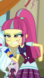 Size: 411x720 | Tagged: safe, screencap, fleur-de-lis, sour sweet, sugarcoat, equestria girls, g4, my little pony equestria girls: friendship games, angry, cropped, cup, freckles, sour rage, threatening