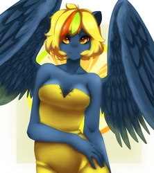 Size: 1133x1275 | Tagged: safe, artist:tolsticot, derpibooru exclusive, oc, oc only, pegasus, anthro, anthro oc, clothes, female, looking at you, mare, smiling, solo, spread wings, wings, yellow eyes, yellow hair, yellow mane