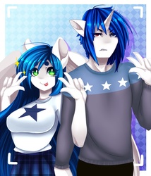 Size: 850x992 | Tagged: safe, artist:tolsticot, oc, oc only, pegasus, unicorn, anthro, anthro oc, blue hair, blue mane, breasts, camera, camera shot, clothes, duo, female, male, mare, peace sign, shirt, stallion, tongue out