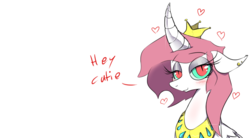 Size: 1632x900 | Tagged: safe, artist:apinklife, artist:pinkgagy, oc, oc only, oc:gagy, alicorn, pony, alicorn oc, bedroom eyes, blushing, bust, crown, curved horn, dialogue, eyelashes, eyeshadow, female, floppy ears, heart, horn, jewelry, looking at you, makeup, mare, regalia, simple background, smiling, solo, white background