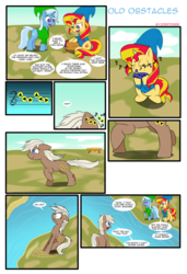 Size: 1331x1943 | Tagged: safe, artist:icesticker, sunset shimmer, trixie, earth pony, pony, unicorn, g4, :t, butt, clothes, comic, dexterous hooves, epona, epona's song, female, floppy ears, frown, hat, hoof hold, mare, motion blur, music notes, musical instrument, ocarina, open mouth, parody, plot, ponified, raised hoof, raised leg, river, running, scared, scrunchy face, sidemouth, sitting, smiling, smirk, the legend of zelda, the legend of zelda: ocarina of time, water, wavy mouth, wide eyes