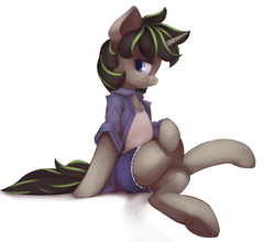 Size: 5148x4535 | Tagged: safe, artist:qweeli, oc, oc only, oc:plot frequency, pony, unicorn, absurd resolution, clothes, commission, female, jacket, looking at you, shirt, shorts, sitting, solo, underhoof