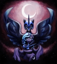 Size: 2646x3000 | Tagged: safe, artist:sunbusting, nightmare moon, princess luna, g4, crying, duality, filly, high res, hug, moon, s1 luna, spread wings, woona