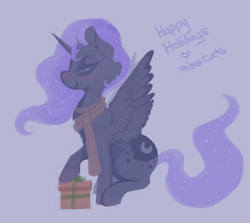 Size: 1830x1632 | Tagged: safe, artist:miss-cats, princess luna, g4, blushing, chest fluff, clothes, female, present, scarf, sitting, solo, spread wings