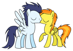 Size: 1024x716 | Tagged: safe, artist:e-guardias, soarin', spitfire, pegasus, pony, g4, colored, duo, female, flat colors, kiss on the lips, kissing, love, male, old cutie mark, ship:soarinfire, shipping, simple background, straight, transparent background