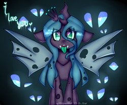 Size: 2421x2000 | Tagged: safe, artist:bunxl, queen chrysalis, changeling, changeling queen, nymph, g4, crown, cute, cutealis, cuteling, eye, eyes, female, green tongue, heart, heart eyes, high res, jewelry, looking at you, open mouth, regalia, tongue out, wingding eyes