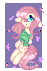 Size: 2000x3000 | Tagged: safe, artist:bunxl, fluttershy, butterfly, ladybug, pegasus, pony, g4, bottomless, clothes, cute, cyan eyes, digital art, female, floppy ears, flying, green sweater, heart, heart eyes, high res, mare, off shoulder, off shoulder sweater, open mouth, partial nudity, pink hair, pink mane, pink tail, shyabetes, solo, sweater, sweatershy, wingding eyes, yellow coat