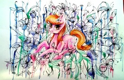 Size: 1633x1058 | Tagged: safe, artist:maritimelightningp, lily, lily valley, g4, female, flower, prone, solo, traditional art