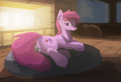 Size: 2500x1700 | Tagged: safe, artist:fuzzyfox11, berry punch, berryshine, g4, berry butt, butt, female, fireplace, looking back, pillow, plot, prone, solo