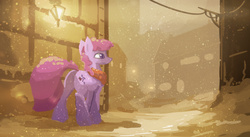 Size: 2500x1370 | Tagged: safe, artist:fuzzyfox11, berry punch, berryshine, g4, clothes, female, night, scarf, scenery, snow, snowfall, solo, town, winter
