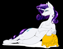 Size: 2544x1993 | Tagged: safe, artist:gun-modoki, rarity, pony, unicorn, semi-anthro, g4, belly, belly button, black background, female, horn, horseshoes, mare, on side, ornament, pixiv, rarithighs, simple background, solo, thunder thighs, underhoof