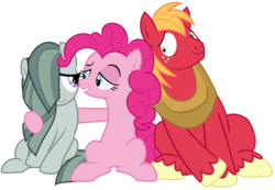 Size: 10271x7087 | Tagged: safe, artist:greenmachine987, big macintosh, marble pie, pinkie pie, earth pony, pony, g4, hearthbreakers, absurd resolution, cute, hair over one eye, male, marblebetes, ship:marblemac, shipper on deck, shipping, simple background, sitting, stallion, straight, transparent background, vector