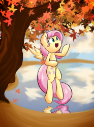 Size: 2410x3250 | Tagged: safe, artist:luxaestas, fluttershy, g4, autumn, female, flying, high res, lake, solo