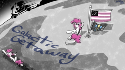 Size: 4000x2250 | Tagged: safe, artist:dragonwolfrooke, pinkie pie, g4, 4everfreebrony, female, flag, lunar rover, moon, music, pink side of the moon, silhouette, solo