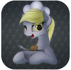 Size: 1024x1003 | Tagged: safe, artist:allyster-black, derpy hooves, pegasus, pony, g4, bowl, chef, cute, derp, female, food, hat, mare, muffin, solo, spoon