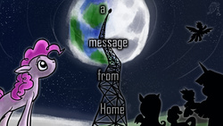 Size: 4000x2250 | Tagged: safe, artist:dragonwolfrooke, applejack, fluttershy, pinkie pie, rainbow dash, rarity, twilight sparkle, g4, 4everfreebrony, moon, music, pink side of the moon, radio tower, silhouette, space
