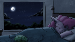 Size: 4000x2250 | Tagged: safe, artist:dragonwolfrooke, gummy, pinkie pie, g4, 4everfreebrony, bed, duo, female, male, moon, music, night, pink side of the moon, sleeping