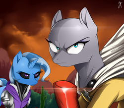 Size: 2335x2035 | Tagged: safe, artist:supermare, maud pie, trixie, cyborg, pony, unicorn, g4, armor, bald, black sclera, cape, clothes, costume, crossover, female, frown, genos, glare, high res, looking at you, mare, one punch man, saitama