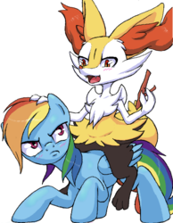 Size: 420x540 | Tagged: safe, artist:stoic5, rainbow dash, braixen, pegasus, pony, g4, blushing, crossover, duo, female, flockmod, frown, mare, open mouth, pokémon, pokémon riding ponies, riding, simple background, unamused, white background