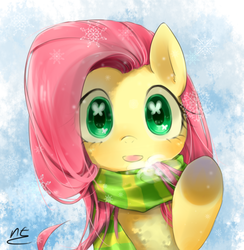 Size: 1170x1200 | Tagged: safe, artist:komacc, fluttershy, g4, breath, clothes, female, raised hoof, scarf, snow, snowflake, solo, wingding eyes