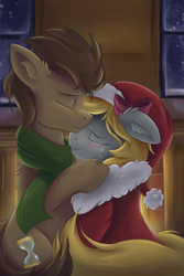 Size: 3000x4500 | Tagged: safe, artist:ardail, derpy hooves, doctor whooves, time turner, pegasus, pony, g4, christmas, clothes, crying, cute, derpabetes, doctorbetes, female, hat, hearth's warming eve, heartwarming, hug, kissing, male, mare, romance, santa hat, scarf, ship:doctorderpy, shipping, straight