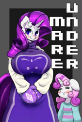 Size: 1280x1894 | Tagged: safe, artist:braffy, rarity, sweetie belle, anthro, g4, big breasts, blushing, breasts, busty rarity, crossover, drool, eyes closed, female, frisk, huge breasts, implied incest, implied raribelle, looking at you, mittens, oven mitts, toriel, undertale