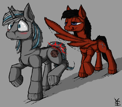 Size: 1021x899 | Tagged: safe, artist:yahmos, oc, oc only, oc:riley, pegasus, pony, unicorn, blushing, butt smack, butt touch, feathermarking, gay, licking, licking lips, male, spanking, tongue out, wingspank