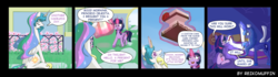 Size: 2067x579 | Tagged: safe, artist:reikomuffin, princess celestia, princess luna, twilight sparkle, alicorn, pony, g4, anvil, broken english, cake, cakelestia, comic, dream, dream walker luna, female, food, glowing hooves, glowing horn, horn, horseshoes, knocked silly, magic, mare, on back, open mouth, present, telekinesis, trolluna, twilight sparkle (alicorn), unconscious