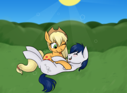 Size: 1024x748 | Tagged: safe, artist:scribblesdesu, applejack, oc, oc:constance everheart, earth pony, pony, g4, blushing, canon x oc, day, earth pony oc, everjack, laughing, lying down, lying on top of someone, one eye closed, shipping, sun, tongue out, wink