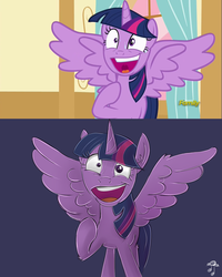Size: 1024x1278 | Tagged: safe, artist:replacer808, twilight sparkle, alicorn, pony, g4, party pooped, :d, female, grin, mare, raised hoof, scene interpretation, solo, spread wings, sweat, twilight snapple, twilight sparkle (alicorn)