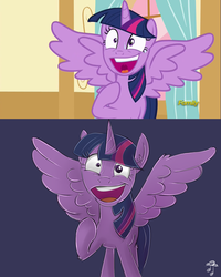 Size: 1024x1278 | Tagged: safe, artist:replacer808, twilight sparkle, alicorn, pony, g4, my little pony: friendship is magic, party pooped, :d, female, grin, mare, raised hoof, scene interpretation, solo, spread wings, sweat, twilight snapple, twilight sparkle (alicorn)